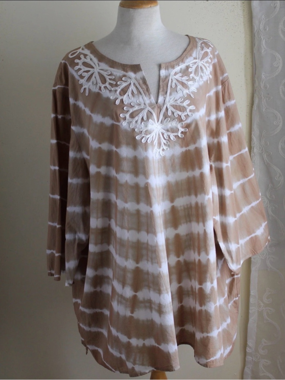 Catherines Brownish and White Tie-Dye Embroidered Peasant Blouse